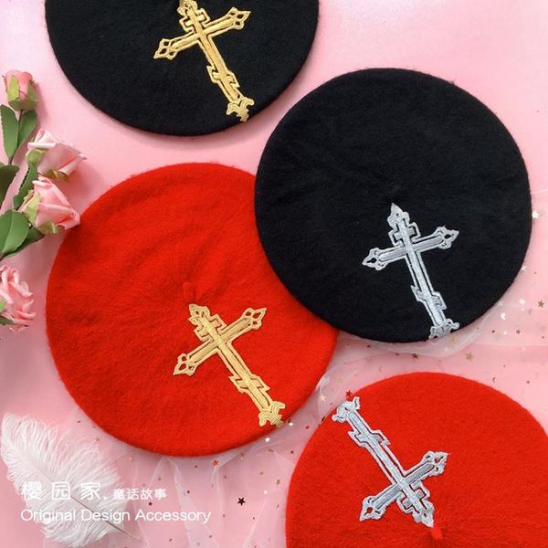 

party masks red black kawaiisen female hand-made embroidery cross berets gold and silver thread classical lolita girls biscuits hat
