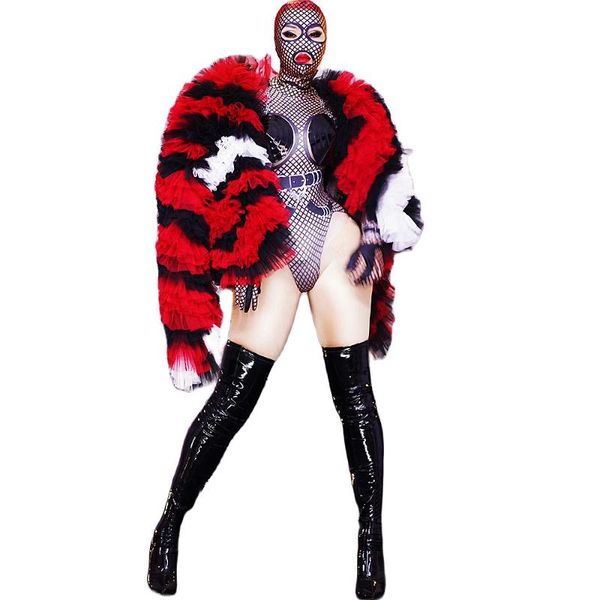 

stage wear club costume for women grid printing bodysuit suit multicolor fur coat long sleeve glossy patent leather personality, Black;red