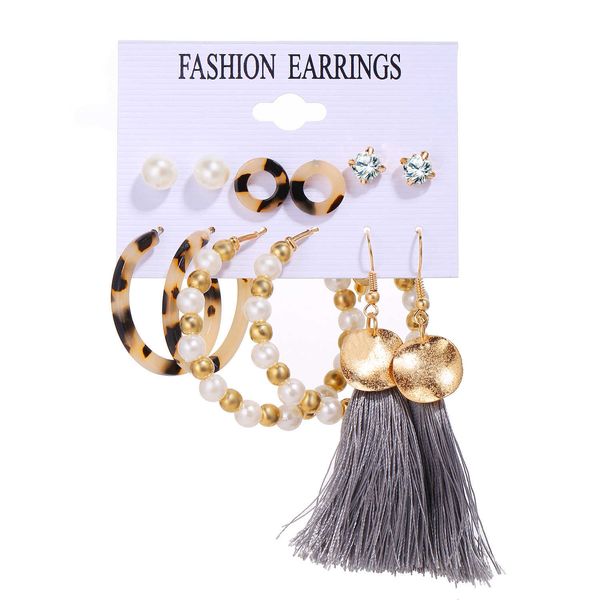 

50352 pearl tassel earring set 6 pairs creative simple earrings, Silver