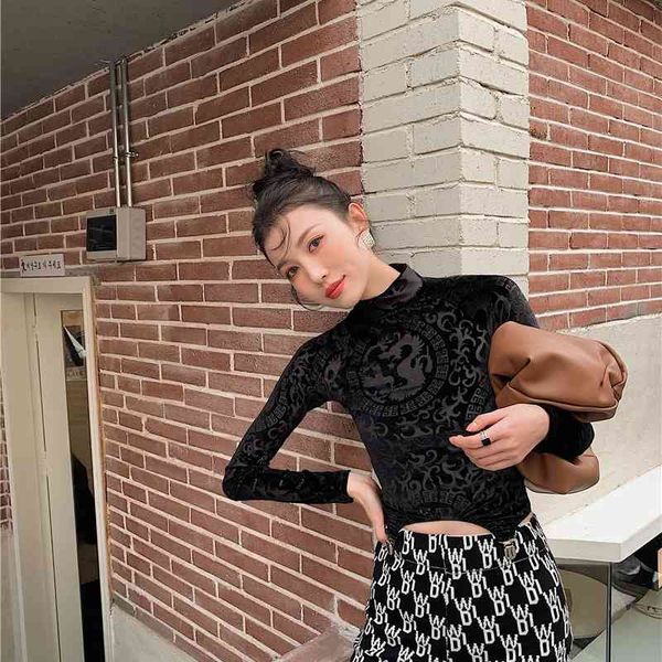 

women's t-shirt dragon print asymmetrical velvet crop long sleeve t shirt turtleneck women bodycon tee shirts fashion ladies e, White