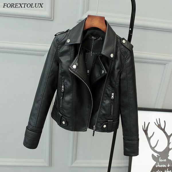 

forextolux new autumn fashion slim women punk short faux pu jacket outwear motorcycle artificial leather zipper overcoat, Black