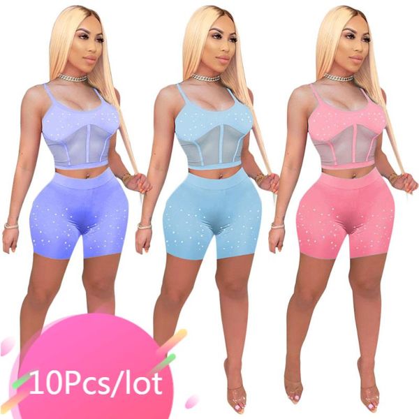 

women's tracksuits bulk item wholesale lots see through two piece set women glitter crystal rhinestone bodycon shorts night party, Gray