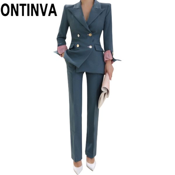 

2 suit set women blue blazer and pants golden button autumn winter office long sleeve 2 piece suits elegant woman 210527, White