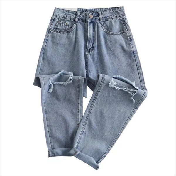 

button hole high waist womens jean loose casual pencil trousers denim korean flabby light blue ripped pants