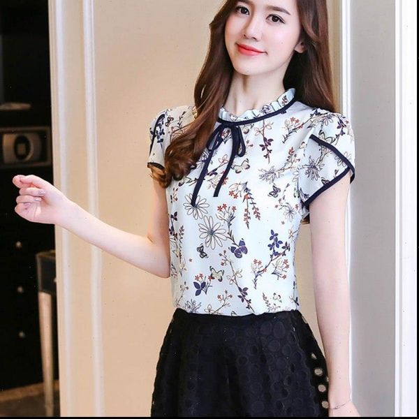 

women summer chiffon blouses ladies floral print feminine blouse short sleeve blusas plus size 3xl, White