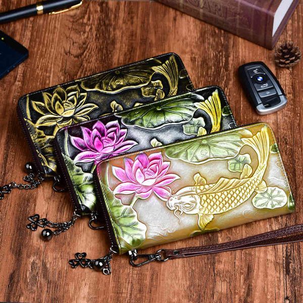 

wallet live broadcast lady's purse hand painted in summer national spotlight cowhide embossed long, Red;black