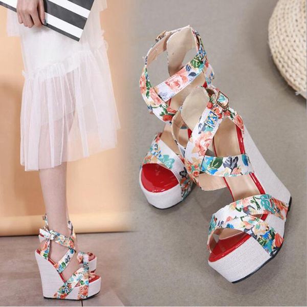 

sandals summer fashion peep toe solid high platform women shoes silk print flower fabric heels cross straps wedges 2021, Black