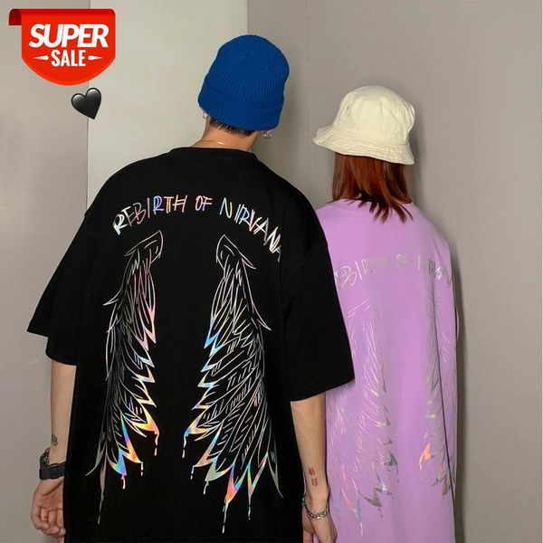 

t-shirt men and women colorful bronzing couple short-sleeved summer reflective trend loose five-point hong kong style wild shirt #gc8z, White;black