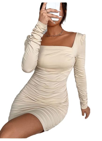 

casual dresses 2021 slim pleated bag hip skirt autumn solid color tight-fitting fashion open back dress women, Black;gray