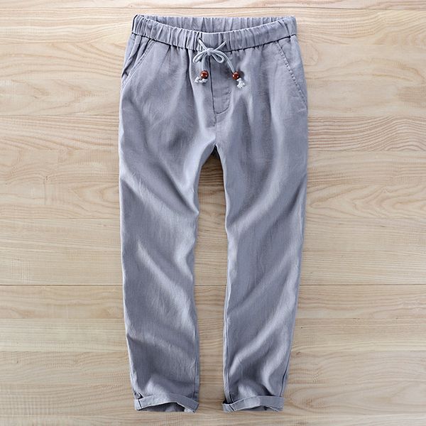 

2021 brazil style new linen brand casual flax men trousers fashion elastic loose ankle-length pants mens big pantalon aj2n, Black