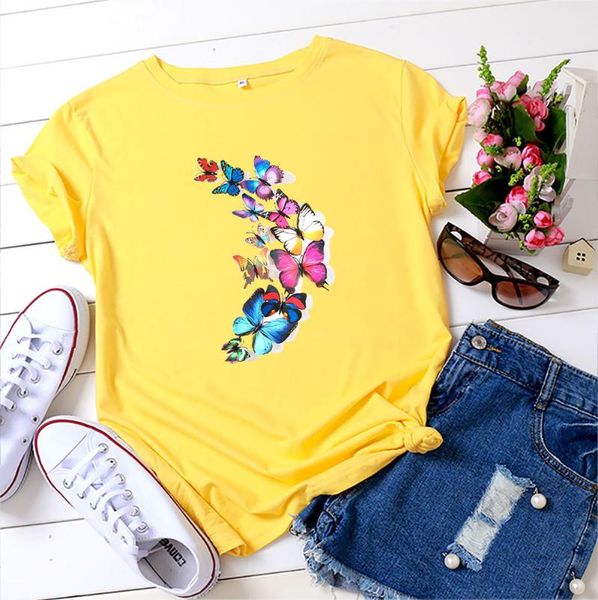 

women's t-shirt colorful butterfly print 100%cotton o-neck short sleeve tee summer plus size t shirts women graphic tshirt ladies, White