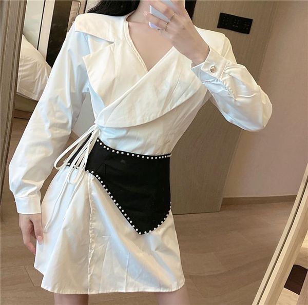

casual dresses spring fall long sleeve turn down collar mini dress fashion brand korean women's clothing vestidos verano white runway, Black;gray