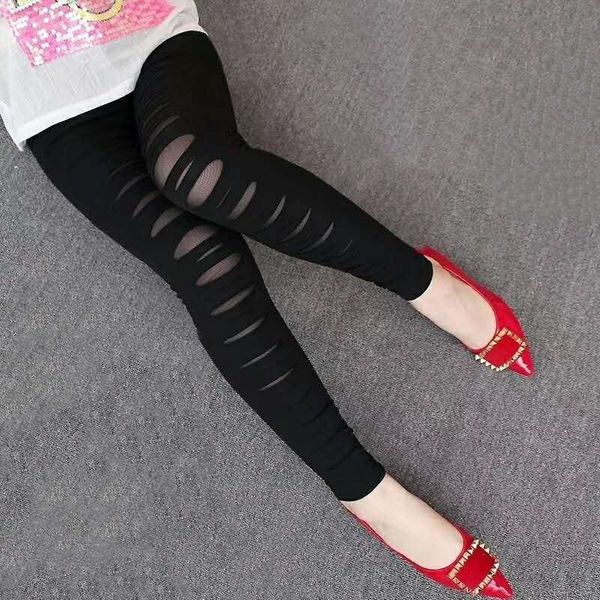 

2021 new spring autumn women mesh insert ripped leggings leggins mujer plus size 6xl mid waist fitness elastic trousers pants l112uh8, Black