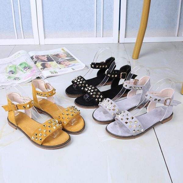 

ymechic 2021 summer daily flat heel studded sandals suede black gray ankle buckle casual woman sandals small size shoes
