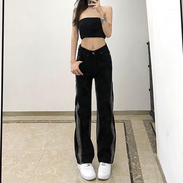 

women's pants & capris autumn women casual y2k denim female ladies middle waist side pockets slimming party street straight trousers, Black;white