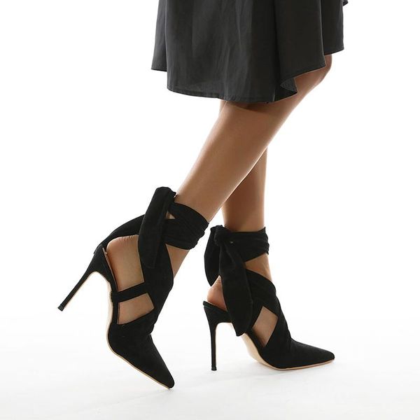 

sandals 2021 summer women's high heel fashion black cross-tied stiletto pointed toe party shoes ladies footwear size 35-42
