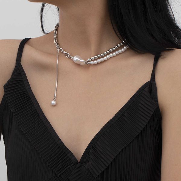 

personalized mixed metal bead clavicle baroque fashion simple pearl necklace, Silver