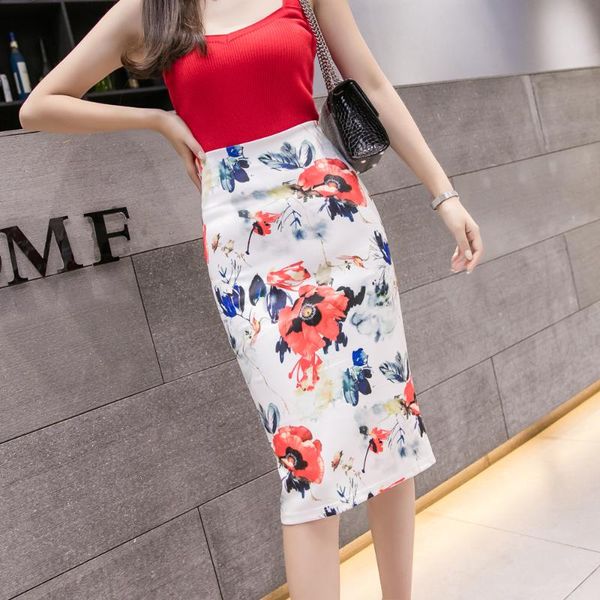 

skirts women summer print flowers pencil skirt casual midi korean office lady faldas mujer moda jupe femme, Black