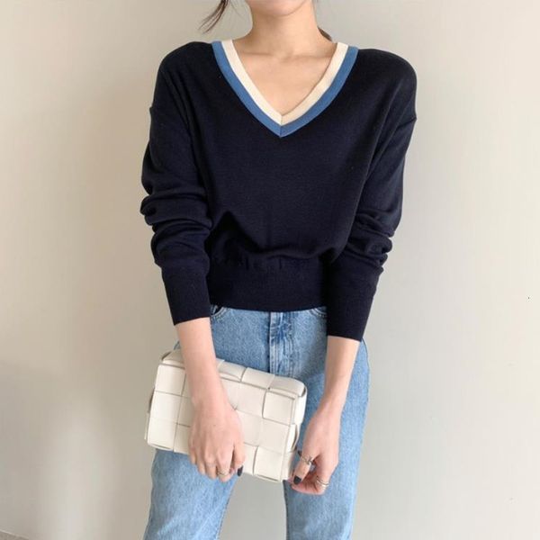 

2021 new autumn sweater elegant office lady pullover stitching color v-neck long sleeve loose knitted sweaters female 9ssi, White;black