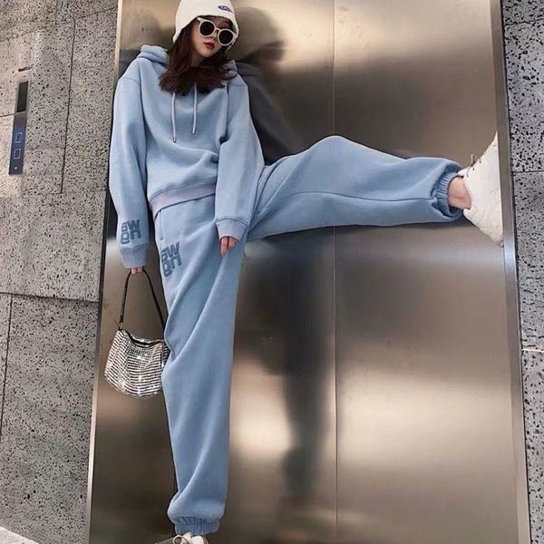 

2021 fashion women autumn plus velvet padded sweater women's suit western fashion casual sports suit two-piece trousers student, White
