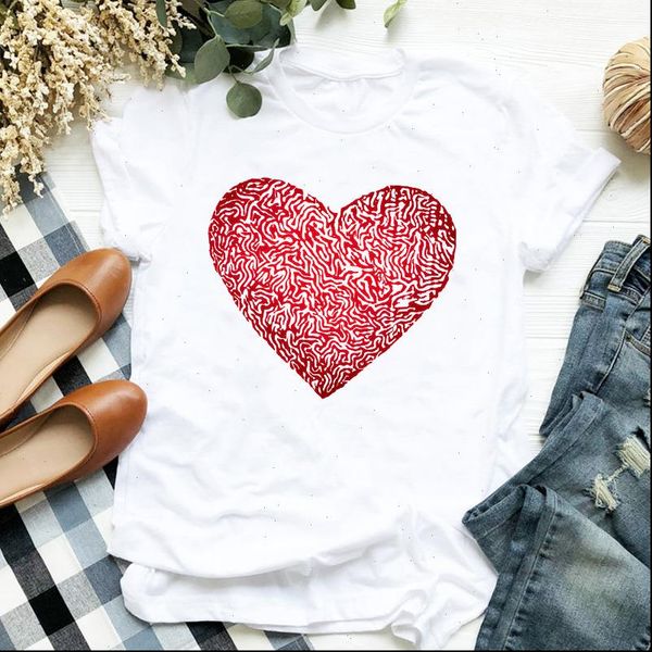 

women t shirt cute love heart print tshirt women short sleeve o neck loose t shirt ladies summer tee shirt clothes, White