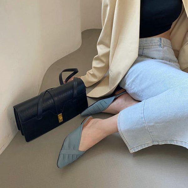 

sandals slippers women fashion knitting pointed half slides mules loafers casual slipper female summer shoes flat, Black