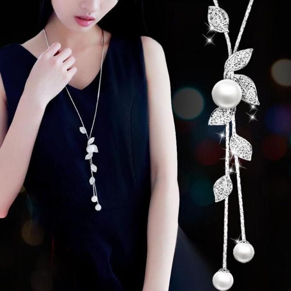 

chains 2021 trendy necklace fashion diamond leaf simple pearl fringe wild long sweater chainspecial gifts for ladies, Silver