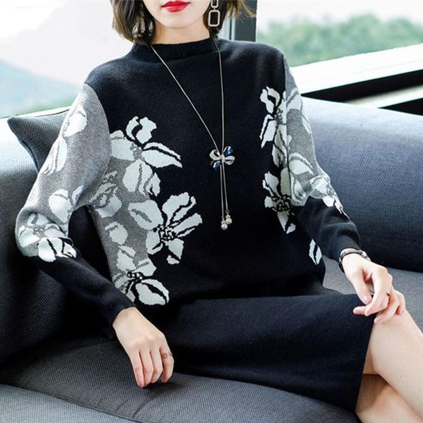 

casual dresses women thick plus size knitted dress female elegant slim knee-length ladies flower print long sleeve sweater p107, Black;gray