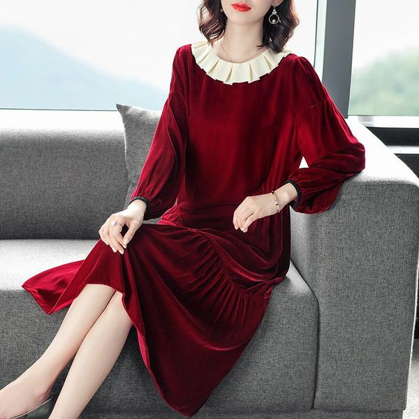 

casual dresses luoyizhen velvet dress original heavy silk stitching mulberry red in autumn 2021, Black;gray