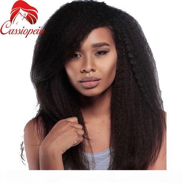 

kinky straight indian virgin human hair lace front wigs for black women full lace wig with natural hairline glueless left part wig, Black;brown