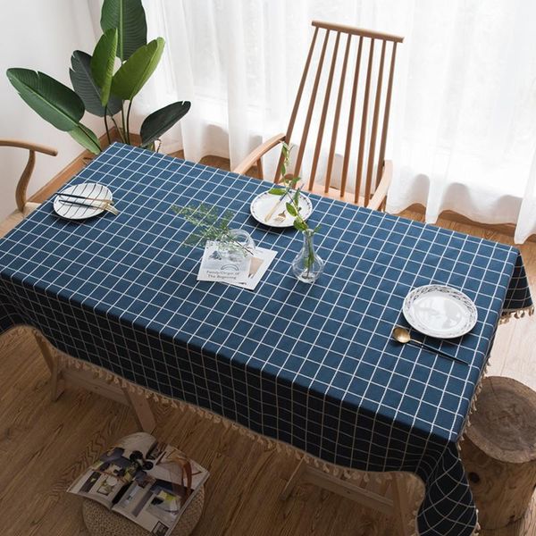 

table cloth nordic tablecloth simple square rectangle dark blue plaid linen cotton cover with tassel home cafe el decorative