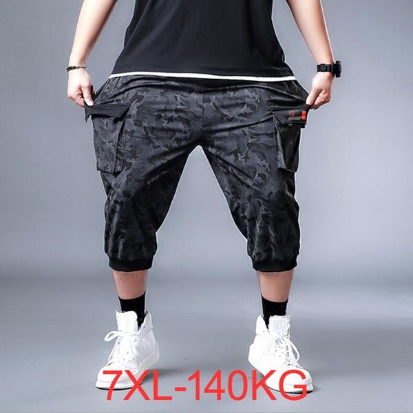 

men's pants summer men casual cargo pockets letter plus size 5xl 4xl 7xl home korea style loose calf length thin 140kg, Black