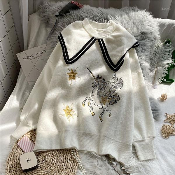 

autumn winter women navy collar kawaii sweater teen girls student loose horse embroidery long sleeve pullover preppy style1, White;black