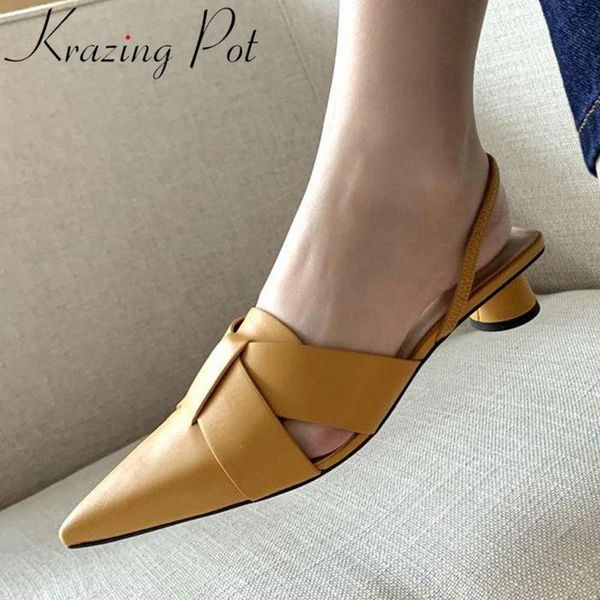 

krazing pot full grain leather pointed toe women sandals back strap slingback high heels solid simple style fashion shoes l88 d5xp#, Black