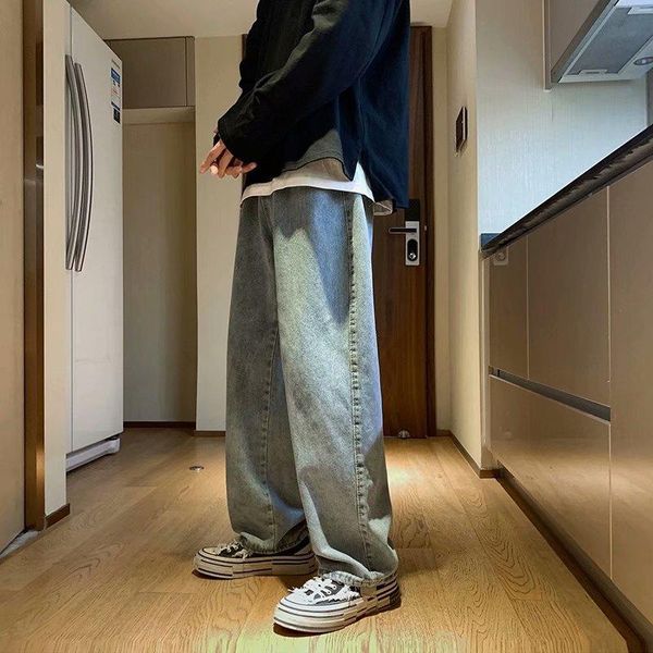 

men's jeans korean loose straight pants trendy brand ins falling feeling mopping daddy, Blue
