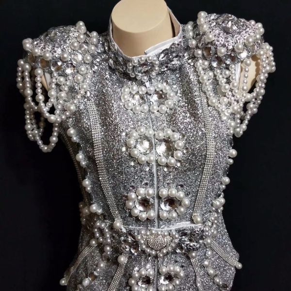 

women stage sparkly silver gray pearls crystals outfit dance wear nightclub party stage dance wear singer dance costume, Black;red