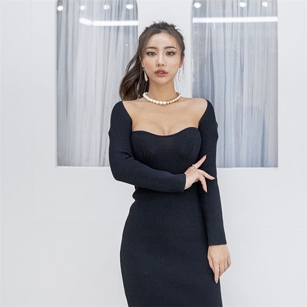 Sexy Büro koreanische Damen Herbst Langarm Square Neck Maxi Nachtclub Party Kleid für Frauen China Kleidung 210602