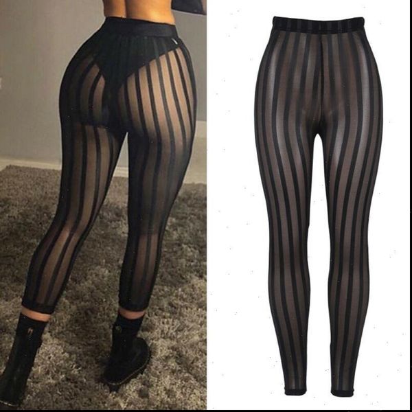 

hirigin 2021 summer womens stretchy leggings trousers pants striped perspective mesh pants clubwear, Black