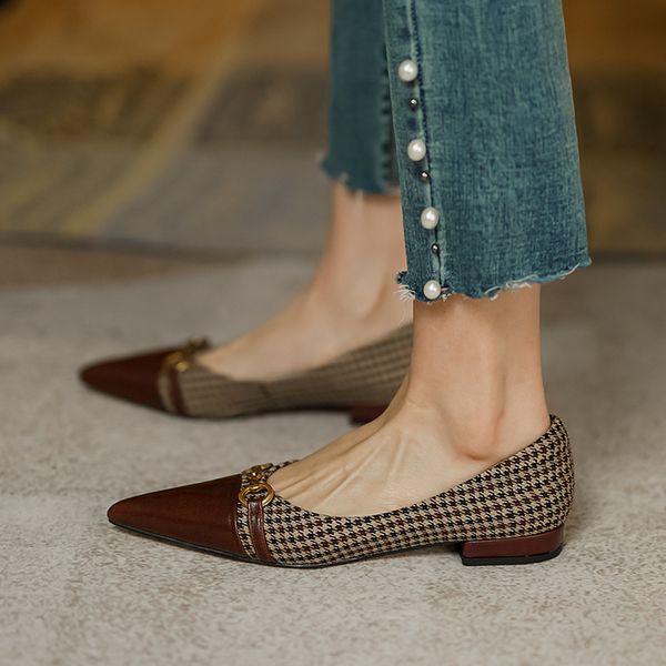 

womens genuine leather fabric patchwork slip-on ballet flats pointed toe metal buckle decoration casual loafers single shoesdress shoes, Black