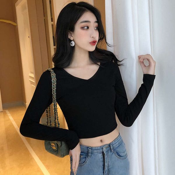 

black early autumn navel women's long sleeve tight bottoming shirt with v-neck high waist short slim t-shirt, White