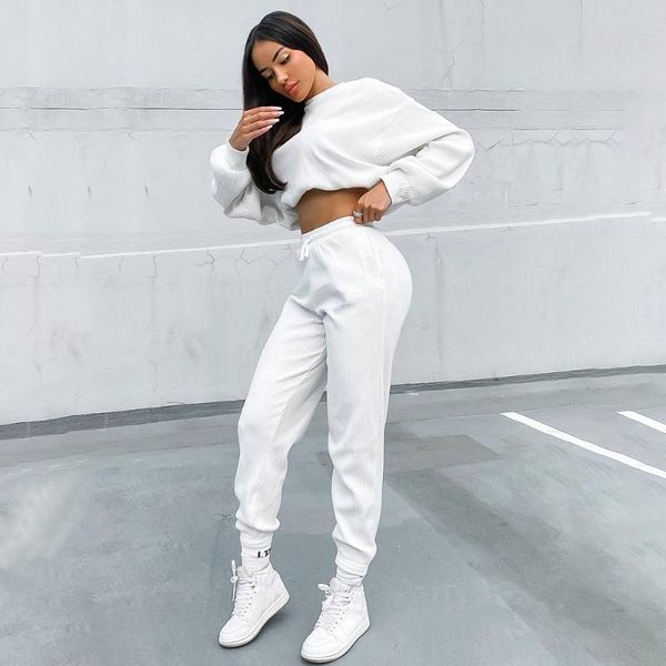 

women's two piece pants 2021 autumn trouser suit short pullover casual fashion retro commuter style long-sleeved slim two-piece, White
