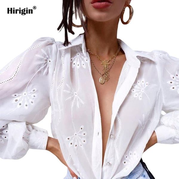 

2021 spring women white shirt female blouse long sleeve casual turn-down collar style women hollow out floral blouses