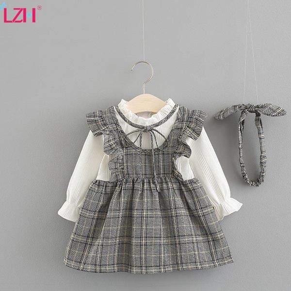 LZH New Autumn Spring Baby Girls Princess Dress For Baby Girl Plaid Abito a maniche lunghe Infant Baby Party Dress Abiti appena nati 210315