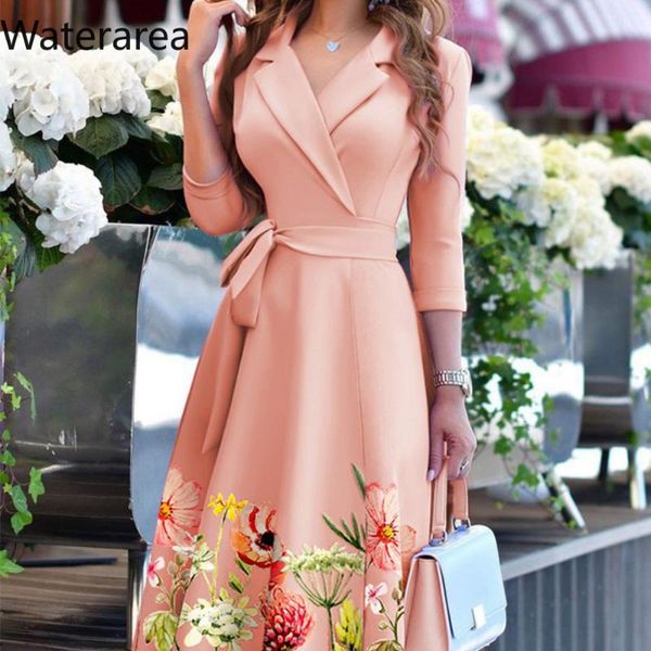 

casual dresses waterarea women floral print notched three quarter a-line vestidos sweet lace up ol female midi dress autumn 2021, Black;gray