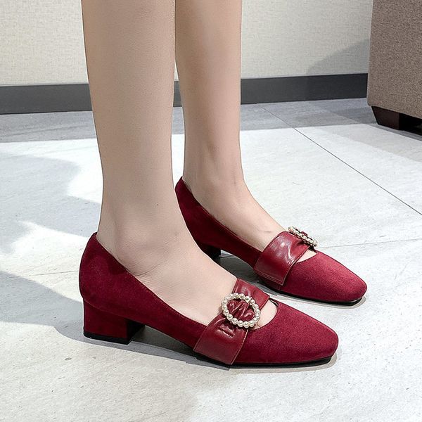 

Elegant Pearl Party Wedding Pumps 2021 Spring New Vintage Wine Red Square Toe Med Heels Woman Flock Shallow Single ShoesDress Shoes, Black