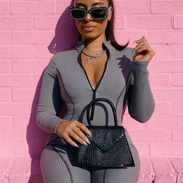 

sports knitted long sleeve bodycon jumpsuit women fall winter one piece outfits activewear romper c67-af78, Black;white