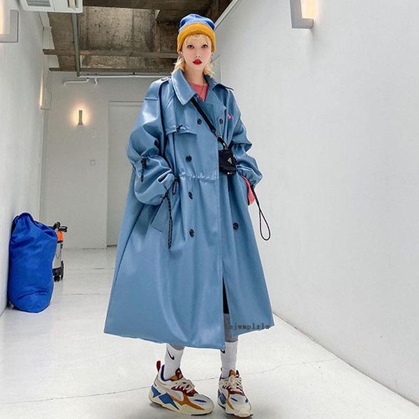 

women's trench coats punk style oversize faux leather coat women streetwear 2021 spring autumn fashion trendy long outwear fy132, Tan;black