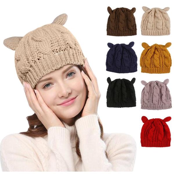 

caps & hats winter knitted for women casual warm knit ski beanie ball hat comfortable cute cat ears beanies female girl, Yellow