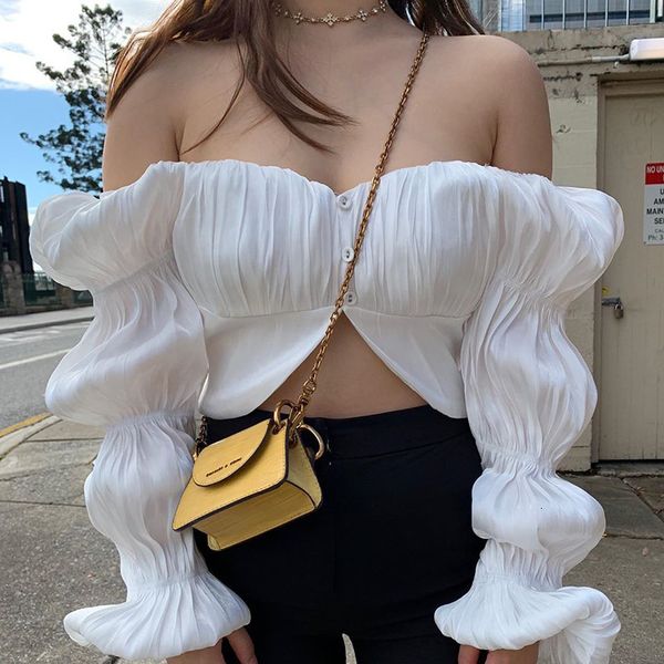 

spring long puff sleeve ruched crop streetwear white solid cute club party lady t-shirts 2021