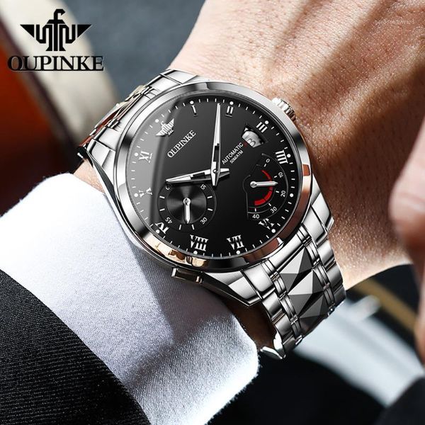 

wristwatches 2021 oupinke 3198 men's mechanical watches automatic watch men sapphire glass sports waterproof wristwatch, Slivery;brown